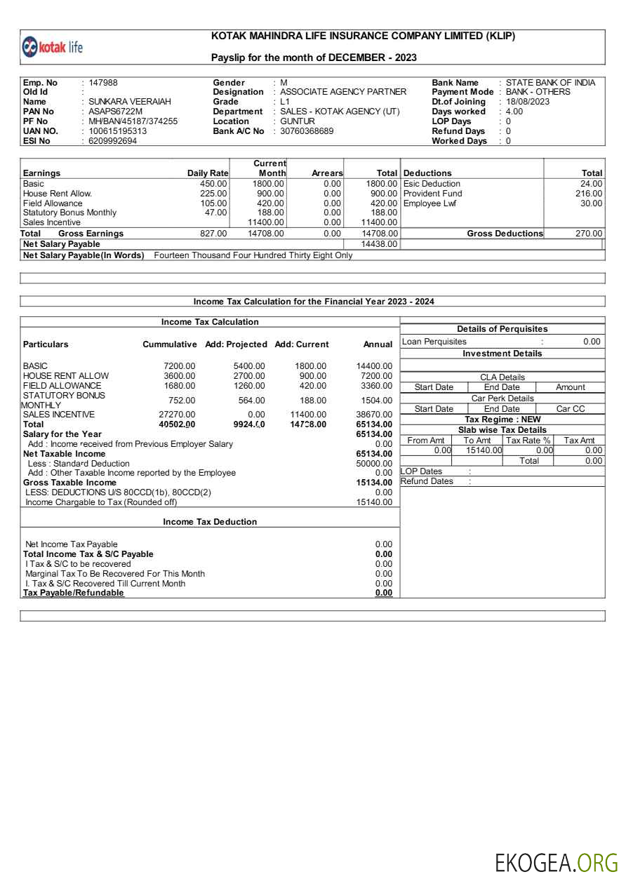 Modèle de fiche de paie de Kotak Life Insurance Company aux formats Word et PDF.pdf, 1